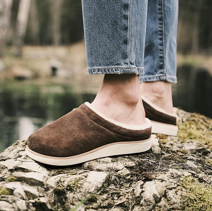 OLUKAI Mani Women's Leather Mule Slippers, Soft & Comfortable Slippers with Fleece Lining, Thick Rubber Outsole, All-Day Wear