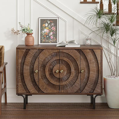 Farmhouse 4-Door Storage Cabinet, Accent Sideboard Buffet Cabinet with Circle Pattern and Radioactive Wood Lines, for Living Room, Dining Room, Bedroom, Brown