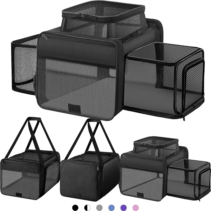Top and 2 Sides Expandable Cat Carrier 18x11x11, TSA Airline Approved Dog Carriers for Medium Dogs, Soft-Sided Pet Carrier with Self-Locking Zippers for Kitten,Rabbit, Puppy, Guinea Pig Black