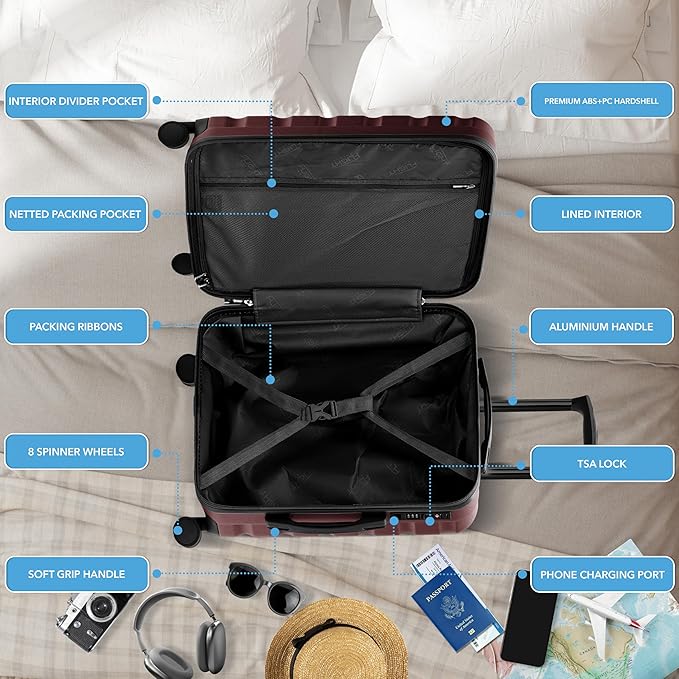 Flight Knight 24x16x10 Expandable Carry On Suitcase Hardside TSA Lock USB C Lightweight Luggage Silent Double Spinner Wheels Maximum Overhead Carry-On Bag For Virgin & South West Approved Airlines