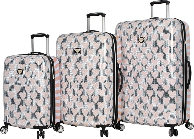 Betsey Johnson Designer Luggage Collection - Expandable 3 Piece Hardside Lightweight Spinner Suitcase Set - Travel Set includes 20-Inch Carry On, 26 inch and 30-Inch Checked Suitcase (Chevron Hearts)