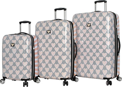 Betsey Johnson Designer Luggage Collection - Expandable 3 Piece Hardside Lightweight Spinner Suitcase Set - Travel Set includes 20-Inch Carry On, 26 inch and 30-Inch Checked Suitcase (Chevron Hearts)