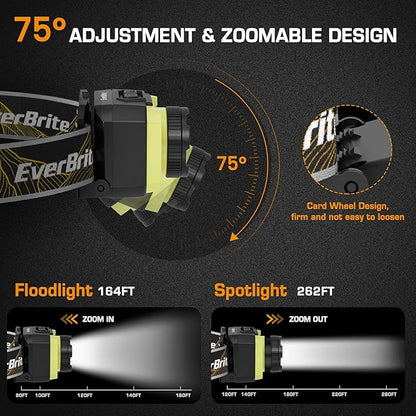 EverBrite 600 Lumen Headlamp, Rechargeable Headlight with 4 Modes, Super Bright Head Lamp with Spotlight & Floodlight, Motion Sensor, Memory Function for Camping, Hiking-Green