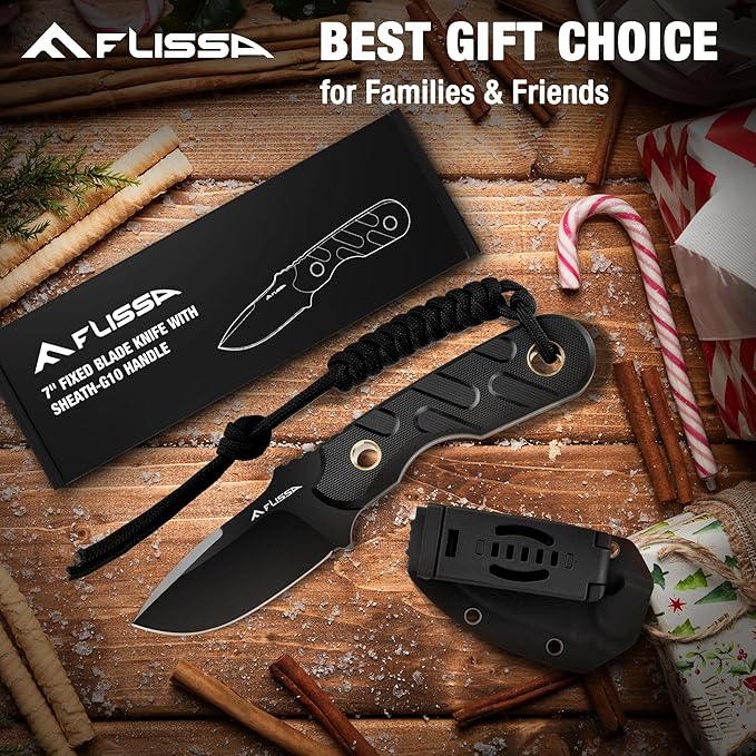 FLISSA Fixed Blade Knife, 7 Inch Full Tang Hunting Knife with Kydex Sheath and Emergency Rope, Tactical Knife with G10 Handle for Survival, Camping, Hiking(Black)