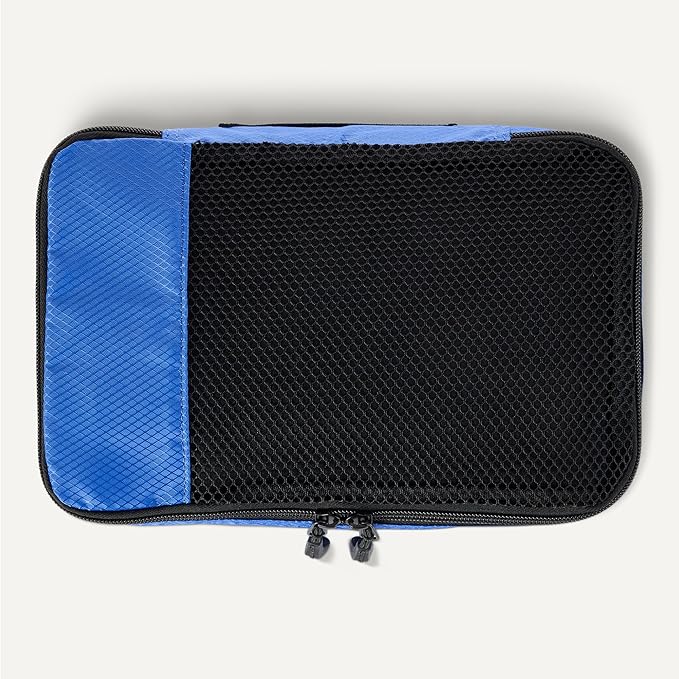 Amazon Essentials 4-Piece Packing Cubes Travel Accessories Set, Luggage Organizer with Double Zipper, Mesh Top, 100% Polyester, Small/Medium/Large/Slim, Blue (Previously Amazon Basics)