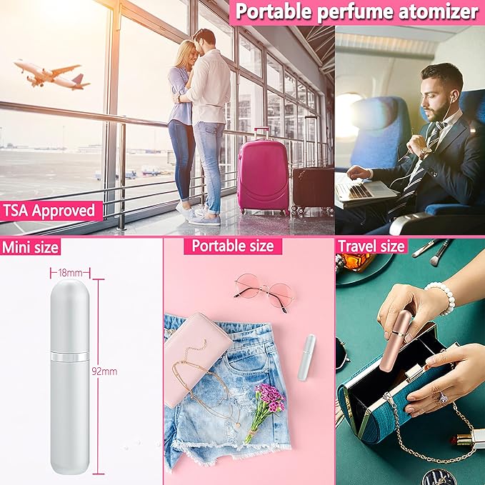 Travel Perfume Atomizer Refillable Bottle - 5ML Leakproof Luxury Travel Perfume Atomizer, Refillable Perfume Spray Bottle for Women (Silver)