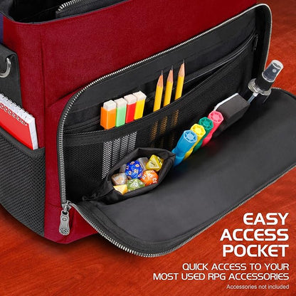 ENHANCE Collector's Edition RPG Player's Essentials DND Bag - Dragon Hide Exterior Messenger Bag Fits 2-4 Books, Binders, Dice & Accessories, with 17 inch Laptop Slot, Battlemap Straps (Dragon Red)