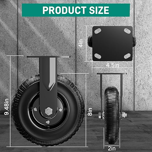 8 Inch Caster Wheels Set of 2 (2 Fixed), 800lb Total Capacity, Heavy Duty Plate Casters with Solid Rubber Knobby Tread for Workbench, Cart, Dolly, Trolley, Wagon, and Outdoor Use