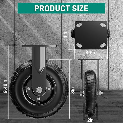 8 Inch Caster Wheels Set of 2 (2 Fixed), 800lb Total Capacity, Heavy Duty Plate Casters with Solid Rubber Knobby Tread for Workbench, Cart, Dolly, Trolley, Wagon, and Outdoor Use