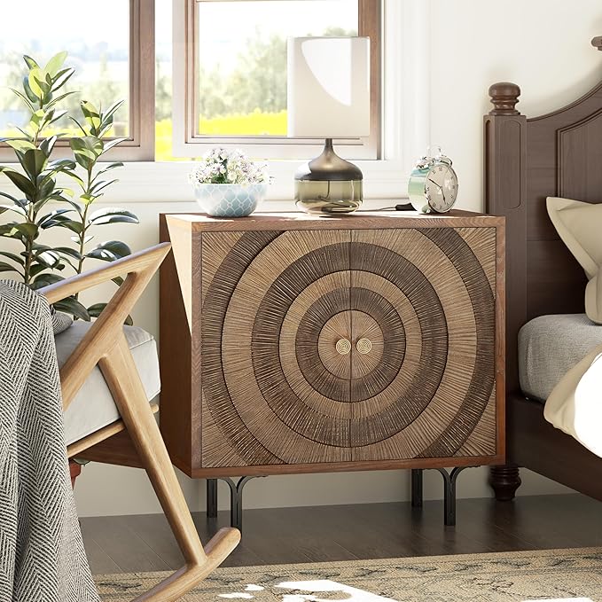 Farmhouse 2-Door Storage Cabinet, Accent Wooden Storage Cabinet with Circle Pattern and Radioactive Wood Lines, for Living Room, Dining Room, Bedroom, Natural Wood Color