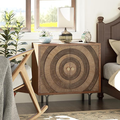 Farmhouse 2-Door Storage Cabinet, Accent Wooden Storage Cabinet with Circle Pattern and Radioactive Wood Lines, for Living Room, Dining Room, Bedroom, Natural Wood Color