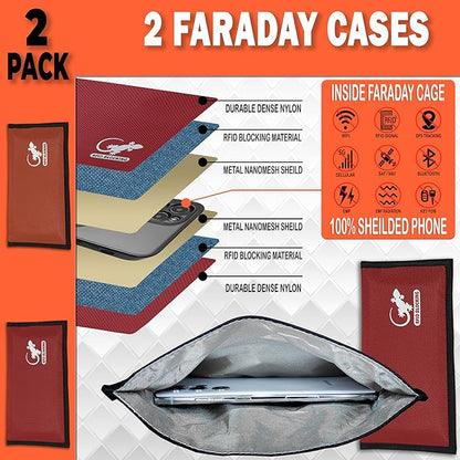 Faraday Bag Anti-Tracking GPS RFID Car Key Signal Blocker Wallet Shielding Pouch Protective Case for Cell Phone Car Key FOB, Data Privacy, Electronic Device Security (2 PACK - RED AND ORANGE)