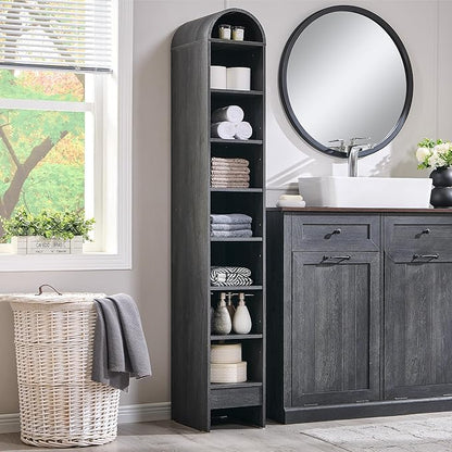 67" Tall Arched Bathroom Storage Cabinet, 8-Tier Modern Farmhouse Storage Cabinet with Adjustable Shelves, Wood Freestanding Cabinet for Bathroom, Living Room, Entryway, Hallway (Dark Grey)