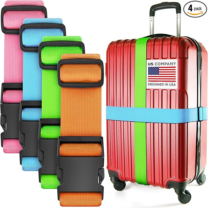 Luggage Straps for Suitcases - TSA Approved - Mixed Colors, 4 PK - Premium Nylon Belts for Suitcase, Briefcase & Travel Bag - Adjustable Strap Length 46" - 78"