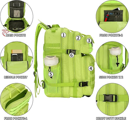 25L Tactical Backpack for Men and Women Small Military Tactical Backpack Heavy Duty Molle Assault Pack Daypack for Hiking Camping Travel Work Gym Outdoors (Bright Green)