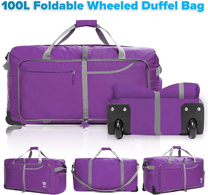 Bago Rolling Duffle Bag with Wheels - 30" 100L Foldable Weekender Bag, Waterproof Travel Duffel Bag, Heavy Duty lightWeight Duffle Bag for Traveling, Rolling Duffel Bag with Wheels (Purple2023)