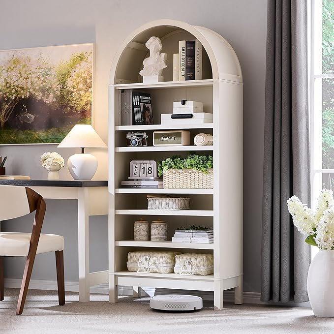 71" Tall Arched Bathroom Storage Cabinet, 7-Tier Modern Farmhouse Storage Cabinet with Adjustable Shelves, Wood Freestanding Cabinet for Bathroom, Living Room, Entryway, Hallway (Antique White)