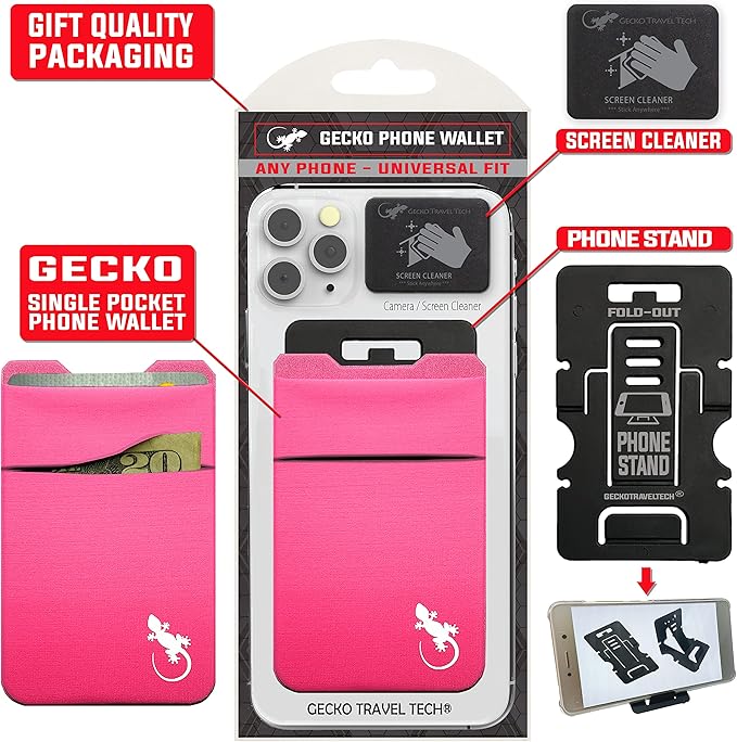 Gecko Travel Tech Double Pocket - Adhesive Card Holder - Cell Phone Pouch - Stick on Spandex Pocket - Carry Credit Cards and Cash (PINK-WHITE)
