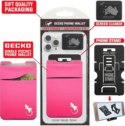 Gecko Travel Tech Double Pocket - Adhesive Card Holder - Cell Phone Pouch - Stick on Spandex Pocket - Carry Credit Cards and Cash (PINK-WHITE)