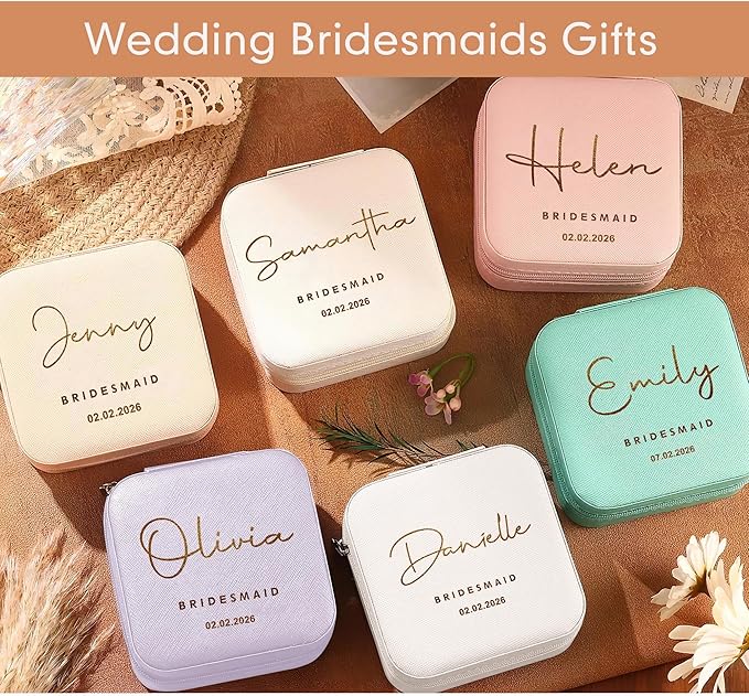 DayOfShe Bridesmaid Proposal Gifts Personalized Bridesmaid Jewelry Box Leather Small Travel Jewelry Organizer Ring Case for Wedding Maid of Honor Gifts