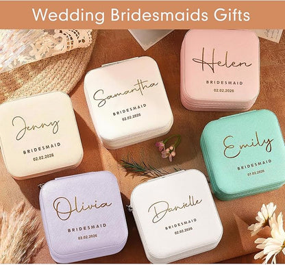 DayOfShe Bridesmaid Proposal Gifts Personalized Bridesmaid Jewelry Box Leather Small Travel Jewelry Organizer Ring Case for Wedding Maid of Honor Gifts