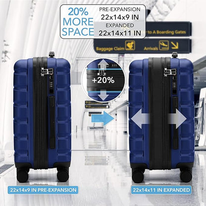 Flight Knight 22x14x9" Expandable Carry On Suitcase Hardside TSA Lock USB C Port Lightweight Luggage Silent Double Spinner Wheels Maximum Overhead Carry-On Bag For American & United Approved Airlines