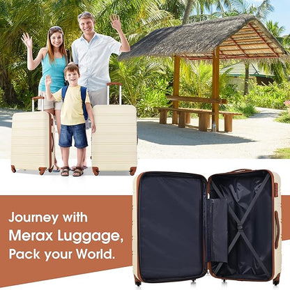 Merax Luggage Sets 2 Piece Expandable Hardside Luggage with Travel Bag Suitcase Set with Spinner Wheels(20+28+bag,Brown+White-1)