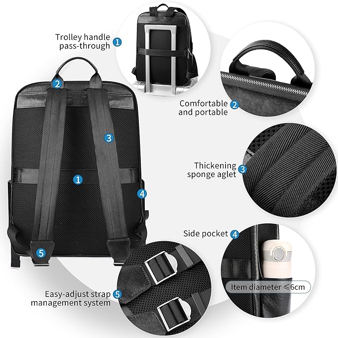 Men's Large Black Leather Backpack, 17.3 Inch Genuine Leather Laptop Backpack for Men, Minimalist & Luxury Executive Computer Backpack for Work Travel
