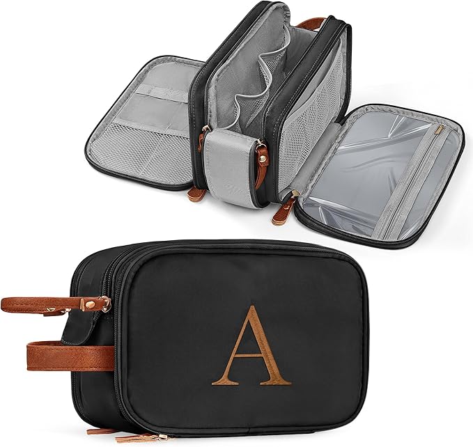 YOOLIFE Christmas Gifts for Men Women - Travel Toiletry Bag for Men | Personalized Gifts for Women Mens Friend Dad Birthday Gift, Travel Toiletries Water Resistant Dopp Kit Letter A Black