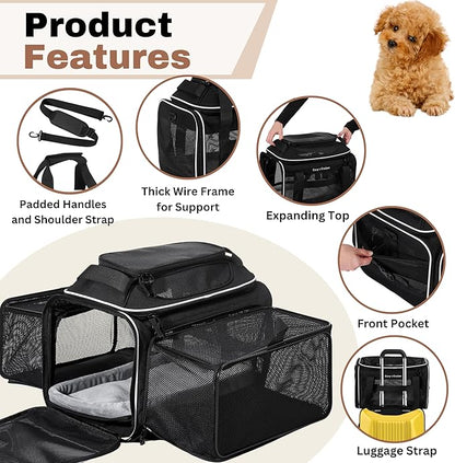 Airline Approved Top-Expanding Pet Carrier on Wheels- Extra Spacious Soft Lined Carrier! 18x11x11 (Black, Expanding Sides)