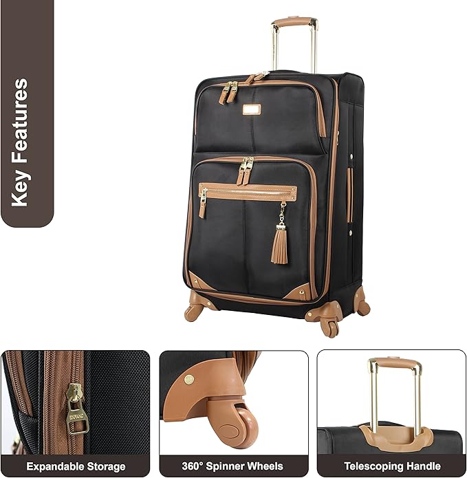 Steve Madden Designer-Gepckkollektion Leichter Softside-Koffer fr Damen und Herren strapazierfhige 50,8 cm groe Tragetasche mit 4 rollenden Spinner-Rdern, Harlo Black, 20in, Carry on Bag With Spinner
