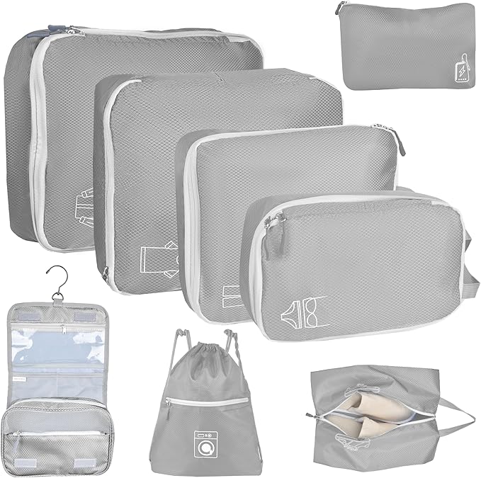 8 Set Expandable Compression Packing Cubes for Suitcases Travel Essentials Carry On Waterproof Storage Bag With Dry And Wet Separation Grey