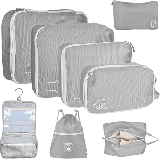 8 Set Expandable Compression Packing Cubes for Suitcases Travel Essentials Carry On Waterproof Storage Bag With Dry And Wet Separation Grey