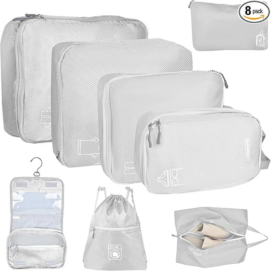 8 Set Expandable Compression Packing Cubes for Suitcases Travel Essentials Carry On Waterproof Storage Bag With Dry And Wet Separation Silvery
