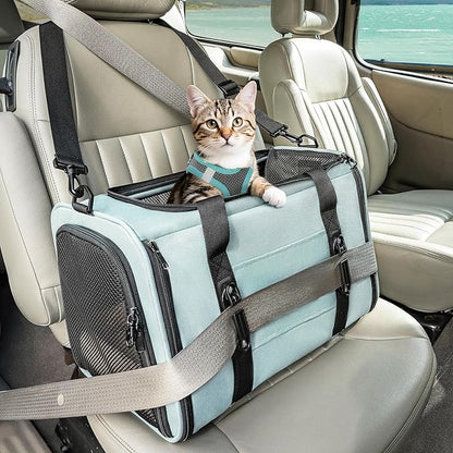 Petsfit 18 X 11 X 11 Airline Approved & Cat Car Carrier, with Patent Safety Buckles & Lockable Zippers Preventing Escapes, Breathable Mesh & Padded Mat — Portable, Stress-Free Travel Carrier