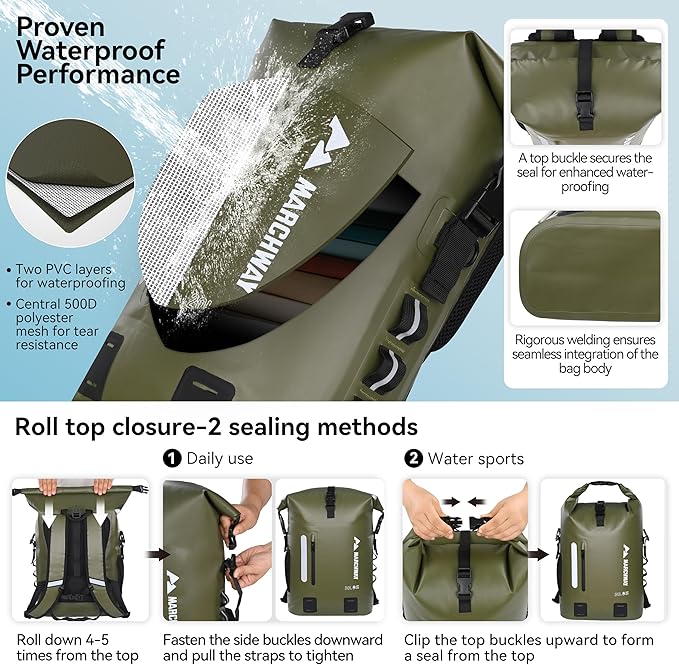 MARCHWAY Roll Top Waterproof Backpack, Floating Dry Bag 20L/30L/45L with Ergonomic Rectangular Base, Cushioned Back, Hip Strap for Hiking Camping Kayaking Travel (Army Green, 30L)