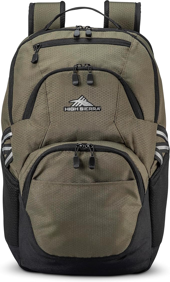 High Sierra Swoop Backpack, Lightweight Bookbag, Large Main Compartment + External Accessory Pockets, Separate Laptop Pocket, Dual Water Bottle Pockets, Fits most 17” Laptops, 30L Capacity, Olive