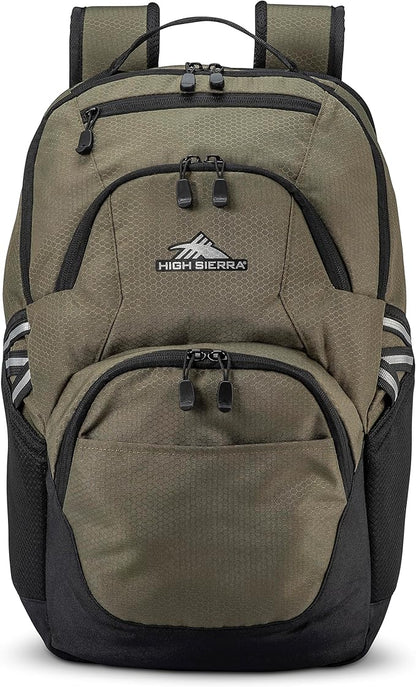 High Sierra Swoop Backpack, Lightweight Bookbag, Large Main Compartment + External Accessory Pockets, Separate Laptop Pocket, Dual Water Bottle Pockets, Fits most 17” Laptops, 30L Capacity, Olive