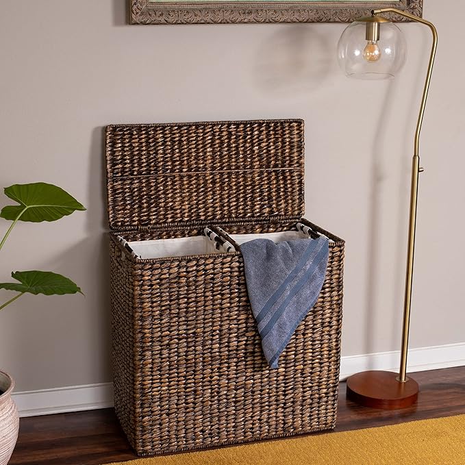 BIRDROCK HOME Oversized Dual Hampers with Lid - Handwoven Natural Seagrass Fiber Compartment Laundry Hamper w/Dual Removable Liners Bag - Split/Two Side Basket for Dirty Laundry, Clothes - Brown Wash