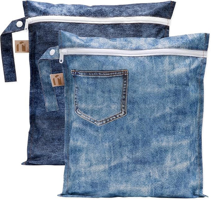 Bumkins Roamio - Waterproof Wet Bag - For Baby, Travel, Swim Suit, Cloth Diapers, Pump Parts, Pool, Gym, Toiletry, Strap to Stroller - Reusable & Easy to Clean - 2pk - Faux Pocket Patch Denim