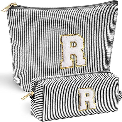 YOOLIFE Initial Makeup Bag for Women, Travel Cosmetic Bag with Small Makeup Brush Bag Cute Makeup Bag Toiletry Travel Bag Personalized Wife Friend Gifts Christmas Birthday Gifts for Women Her Black R