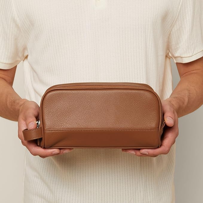 Leatherology Cognac Leather Toiletry Bag – Small Double Zip Dopp Kit – Full Grain Leather Travel Organizer with Water-Resistant Lining – Compact Grooming Bag for Men or Women