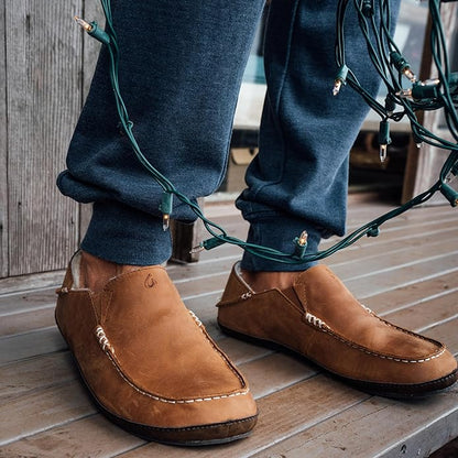 OLUKAI Moloa Slipper, Men's Premium Leather Slip-On Shoes, Soft Genuine Shearling Lining & Gel Insert, Drop-In Heel & All-Day Comfort