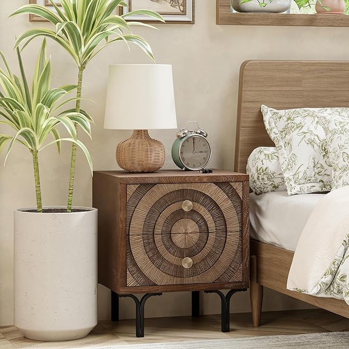Farmhouse 2-Drawer Nightstand, Accent Wooden Nightstand with Circle Pattern and Radioactive Wood Lines, for Bedroom, Natural Wood Color