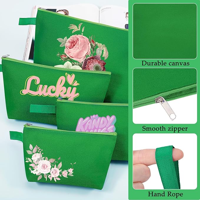 10 Pieces Cotton Canvas Makeup Bag with Bottom and Strap, Multi-Purpose Cosmetic Bag with Zipper Travel Toiletry Pouch, Blank DIY Craft Bag (Green, XS)