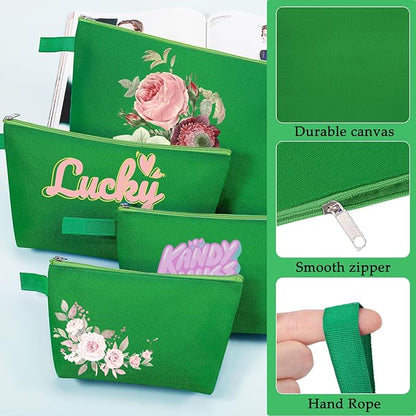 10 Pieces Cotton Canvas Makeup Bag with Bottom and Strap, Multi-Purpose Cosmetic Bag with Zipper Travel Toiletry Pouch, Blank DIY Craft Bag (Green, S)