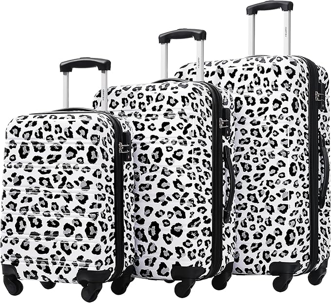 Merax Suitcase Set, Hardshell Luggage Sets 3 Piece with Spinner Wheels, Expandable Durable Suitcase with TSA Lock Lightweight 20" 24" 28", White+Black Leopard