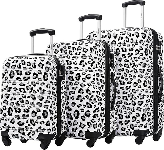 Merax Suitcase Set, Hardshell Luggage Sets 3 Piece with Spinner Wheels, Expandable Durable Suitcase with TSA Lock Lightweight 20" 24" 28", White+Black Leopard