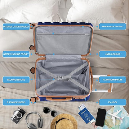 Flight Knight Luggage Sets TSA Lock Silent Double Spinner Wheels Suitcase With Case Maximum Carry On Bag Size For American & United Approved Airlines(3 Piece Set (22/27/31"),Navy/Tan)