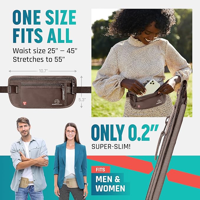 Alpha Keeper Hidden Travel Money Belt - RFID Blocking Waist Wallet & Passport Holder for Women and Men, Anti-Theft Slim Security Pouch